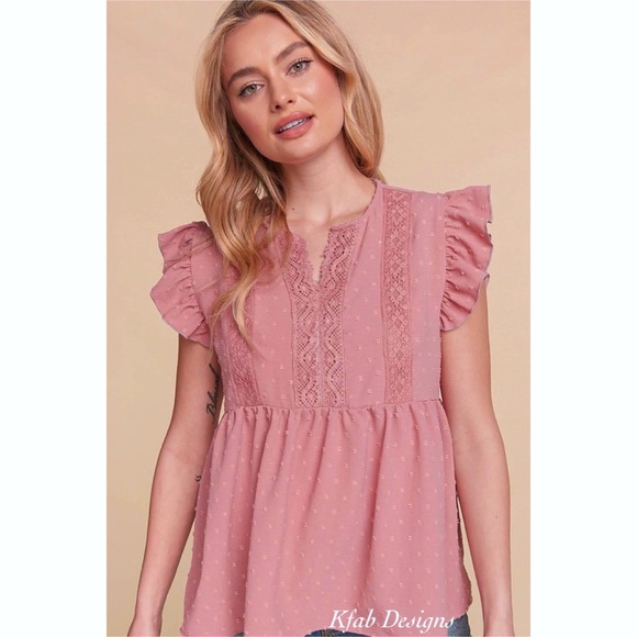 LAST ONE! Crochet/Lace Swiss Dot Cap Ruffle Sleeve Woven Top in Dusty Rose! - Picture 6 of 11